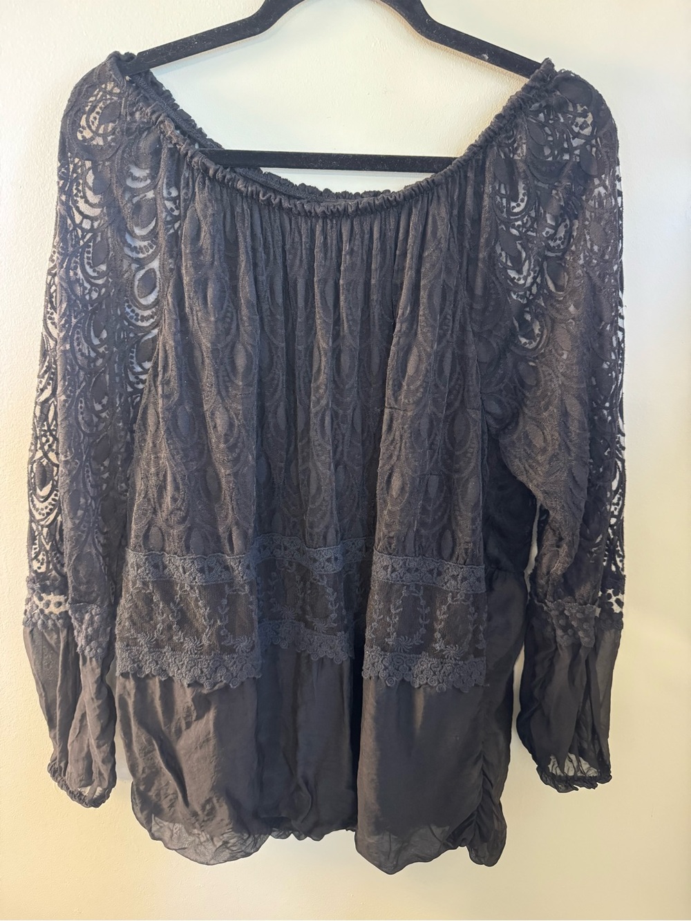 CHARLIE B Women's Peasant TOP Shirt Black SILK Blend Made in Italy Boho LARGE